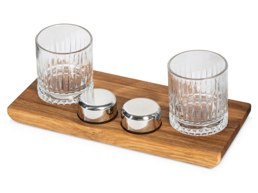 Набор для виски и коктейлей на подставке из дуба Savour (натуральный, прозрачный, серебристый)